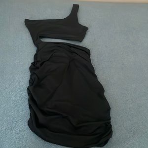 Shein One-Shoulder Ruched Black Dress with stomach slit